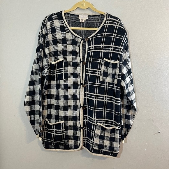 Vintage Wool Plaid Sweater 1X Black Preppy Classic Old Money Checks Retro 80s - Picture 12 of 15